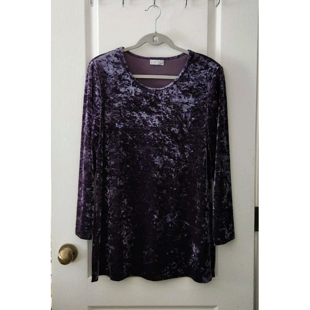 EXPO Women's Purple Velvet  Tunic Blouse‎ Long Sleeve Round Neck Size M